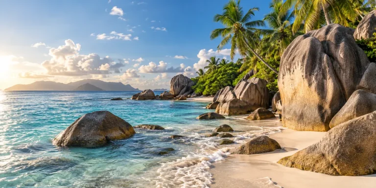 Plage tropicale bordée de rochers de granit — illustration