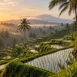 Rizières en terrasses dans un paysage tropical — illustration