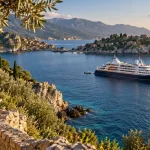 Navire de croisière au large d’une côte méditerranéenne — illustration