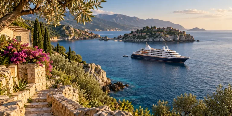 Navire de croisière au large d’une côte méditerranéenne — illustration