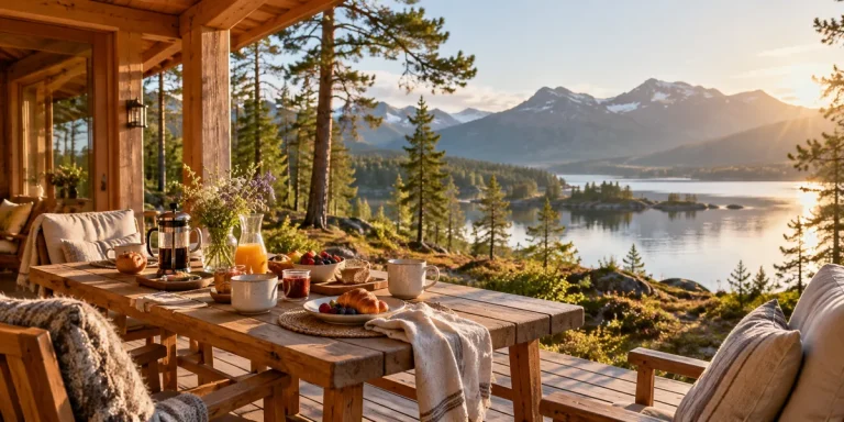 Terrasse d’un hébergement en bois au milieu de la nature — illustration
