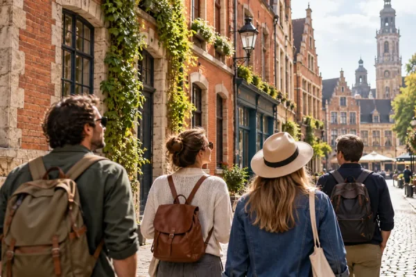 Groupe découvrant une rue aux façades de briques — illustration