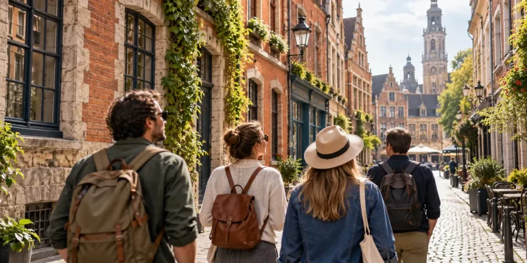 Groupe découvrant une rue aux façades de briques — illustration