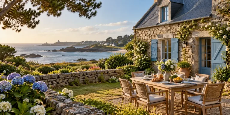 Maison de vacances en pierre dans un paysage breton — illustration