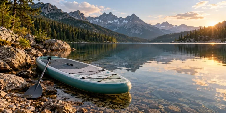Paddle gonflable au bord d’un lac — illustration