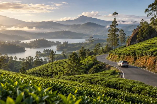 Route et plantations de thé dans les collines — illustration