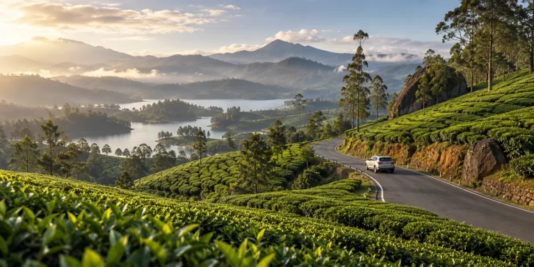 Route et plantations de thé dans les collines — illustration