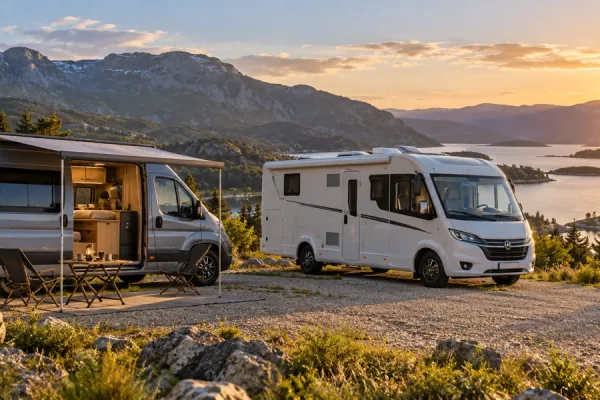 Van et camping-car dans un emplacement aménagé — illustration