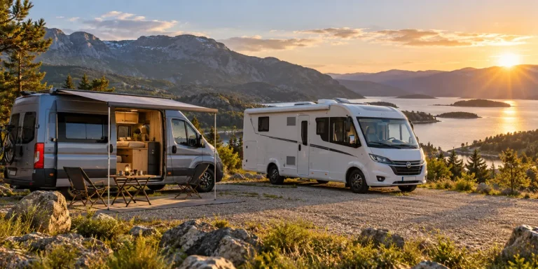 Van et camping-car dans un emplacement aménagé — illustration