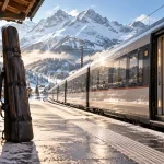 Skis et bagages sur le quai d’une gare de montagne