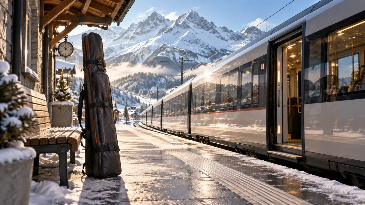 Skis et bagages sur le quai d’une gare de montagne