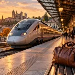 Train sur un quai avec un sac de voyage