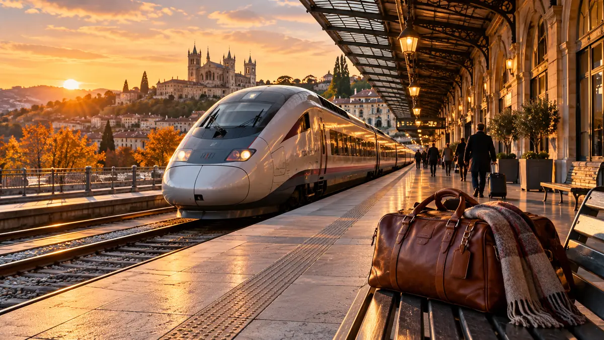 Train sur un quai avec un sac de voyage