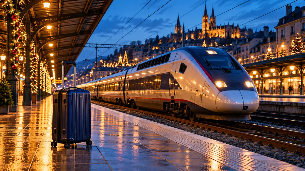 Train et valise sur un quai éclairé — Illustration